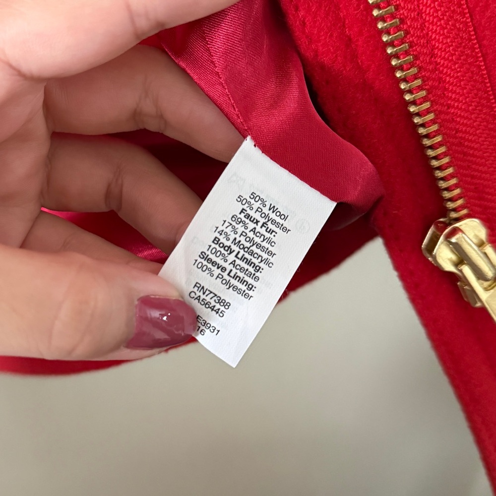 J. Crew Red Wool Blend Detachable Faux Fur Trim Hooded Parka Coat Size 4 - Picture 4 of 9